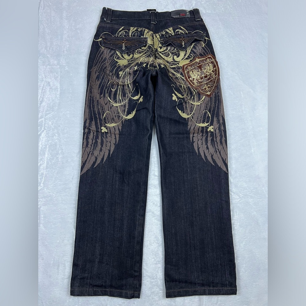 Vintage Y2K Raw Blue Wings Baggy Jeans 32x32